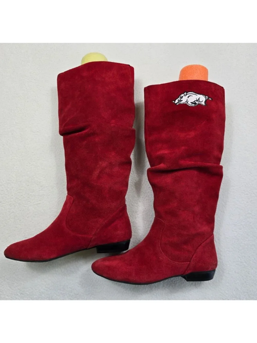 Red Suede Womens Tall Slouch Boots Sz 6M Arkansas Razorbacks Embroidery Leather - Picture 5 of 9